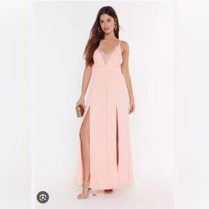 Nasty Gal Plunge Lace Tie Waist Maxi Dress in Blush